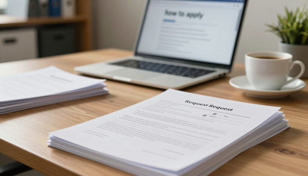 A professional setting depicting a desk with a neatly organized stack of paperwork, including an official request form for a copy of employment documents, prominently placed in the foreground. The form should have clear lines and icons symbolizing applications and documents. In the middle, a softly lit laptop open to a 'how to apply' webpage, with a cup of coffee beside it. The background features subtle hints of an office environment with shelves containing files and plants, creating an atmosphere of productivity and professionalism. The lighting is warm and inviting, casting gentle shadows that enhance the focus on the documents. The overall mood is efficient and business-like, conveying a sense of seriousness in handling important legal matters.
