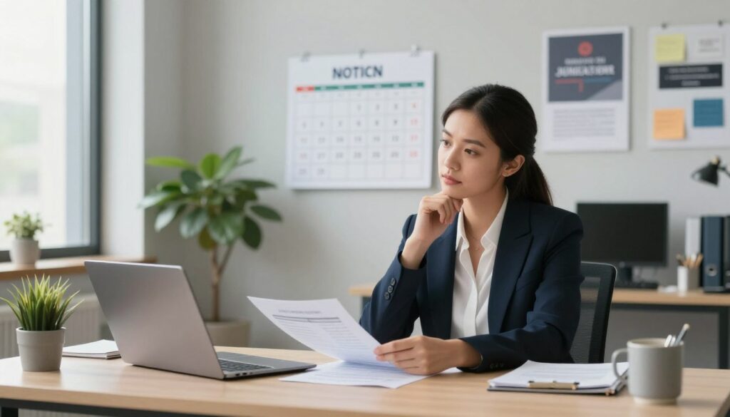 A professional setting depicting a woman in business attire reflecting on her career during her notice period. In the foreground, she sits at a modern desk, reviewing her work documents with a thoughtful expression. The middle layer includes a calendar pinned to the wall showing her remaining notice days, along with a laptop opened to a job search website. In the background, a well-organized office with plants and motivational posters, softly illuminated by natural light filtering through large windows. The ambiance is calm, inspiring focus and reflection, capturing the essence of transitioning to the next career step. The scene conveys a sense of hope and anticipation, ideal for illustrating considerations related to notice periods, leave, and job searching. A professional setting depicting a woman in business attire reflecting on her career during her notice period. In the foreground, she sits at a modern desk, reviewing her work documents with a thoughtful expression. The middle layer includes a calendar pinned to the wall showing her remaining notice days, along with a laptop opened to a job search website. In the background, a well-organized office with plants and motivational posters, softly illuminated by natural light filtering through large windows. The ambiance is calm, inspiring focus and reflection, capturing the essence of transitioning to the next career step. The scene conveys a sense of hope and anticipation, ideal for illustrating considerations related to notice periods, leave, and job searching.