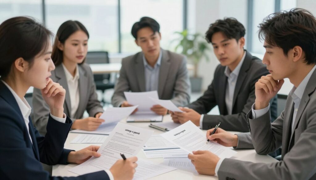 A professional setting depicting various types of work contracts ("umowy o pracę"). In the foreground, a diverse group of individuals in business attire, engaged in a thoughtful discussion over documents spread on a table, showcasing different contract templates. In the middle, the table filled with neatly organized paperwork, emphasizing clarity and professionalism. In the background, a modern office space with large windows allowing natural light to flood the room, creating a warm and inviting atmosphere. Use a shallow depth of field to focus on the subjects while softly blurring the background. The lighting should highlight the seriousness of the conversation, conveying a mood of analysis and contemplation while fostering a sense of collaboration and professionalism.