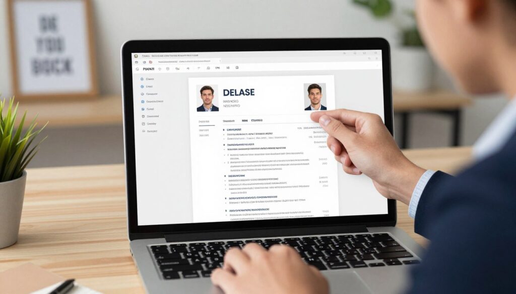 A professional setting featuring an open laptop displaying a document editor, such as Microsoft Word or Google Docs, with a resume template visible. In the foreground, a well-dressed individual with a focused expression is adjusting their profile picture, ensuring it's positioned correctly within the CV layout. The person is wearing a smart blazer and a neat button-up shirt, showcasing professionalism. Soft, natural lighting illuminates the workspace, highlighting the details of the document, including spacing and formatting. In the background, there are elements of an organized office, like a framed inspirational quote and a small plant, creating a calm and productive atmosphere. The overall mood is one of concentration and professionalism, reflecting the task of adding a photo to a CV effectively.