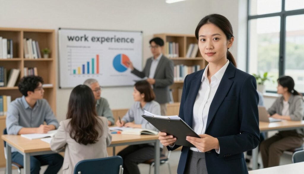 A professional setting illustrating the concept of "work experience" in education. In the foreground, a confident school principal in business attire, holding a folder of documents, stands with a thoughtful expression. The middle layer depicts a diverse group of educators engaged in discussion, with charts and graphs demonstrating salary factors such as experience, education, and school size. The background features a well-lit school office with bookshelves, a desk, and a window showing a sunny day outside. Soft, natural lighting enhances the atmosphere of professionalism and collaboration. This image conveys a sense of growth and academic achievement, focusing on the elements that influence a school director's earnings. A professional setting illustrating the concept of "work experience" in education. In the foreground, a confident school principal in business attire, holding a folder of documents, stands with a thoughtful expression. The middle layer depicts a diverse group of educators engaged in discussion, with charts and graphs demonstrating salary factors such as experience, education, and school size. The background features a well-lit school office with bookshelves, a desk, and a window showing a sunny day outside. Soft, natural lighting enhances the atmosphere of professionalism and collaboration. This image conveys a sense of growth and academic achievement, focusing on the elements that influence a school director's earnings.