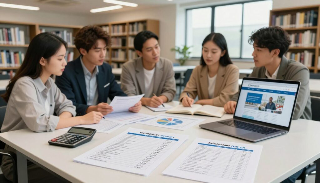 A professional setting illustrating various tuition fees for popular fields of study in an academic environment. In the foreground, display a neatly organized table with labeled documents showing tuition costs, alongside a calculator and a laptop displaying a university website. In the middle ground, feature diverse students in business casual attire engaged in discussion, pointing at the table and collaborating on financial planning. The background should depict a modern classroom or library setting with bookshelves filled with educational resources and a soft, warm light filtering through large windows, creating an inviting atmosphere. The overall mood is focused and serious, emphasizing the importance of understanding tuition costs in higher education. A professional setting illustrating various tuition fees for popular fields of study in an academic environment. In the foreground, display a neatly organized table with labeled documents showing tuition costs, alongside a calculator and a laptop displaying a university website. In the middle ground, feature diverse students in business casual attire engaged in discussion, pointing at the table and collaborating on financial planning. The background should depict a modern classroom or library setting with bookshelves filled with educational resources and a soft, warm light filtering through large windows, creating an inviting atmosphere. The overall mood is focused and serious, emphasizing the importance of understanding tuition costs in higher education.