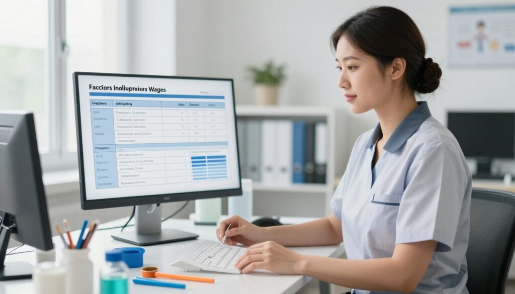 A professional setting showcasing a confident sanitary worker in a clean, well-maintained environment. In the foreground, the worker, dressed in modest professional attire, examines various tools and equipment laid out on a workstation. In the middle ground, highlight a detailed chart or graphic illustrating factors influencing wages, such as experience, location, and job complexity, all meticulously organized for clarity. The background features a clean and organized office or job site, with natural light streaming through a window, creating a bright and inviting atmosphere. Use a slightly angled perspective to convey depth, emphasizing the importance of the work while maintaining a polished, professional look throughout the composition.