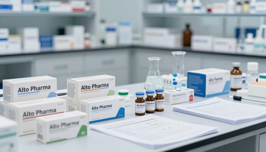 A professional setting showcasing a variety of high-quality pharmaceutical products offered by Alto Pharma. In the foreground, display neatly arranged boxes and vials with clear labels, emphasizing the professionalism of the brand. In the middle ground, include a sterile lab table with glassware and medical instruments, surrounded by well-organized documents and charts. In the background, softly blurred shelves lined with more pharmaceutical products create depth and context. The lighting should be bright and clinical, simulating a modern pharmaceutical lab, with a focus on clarity and cleanliness. Capture the mood of trust and innovation in the pharmaceutical industry.