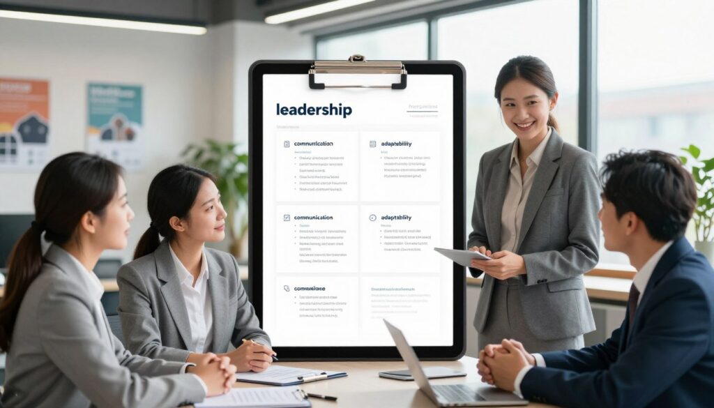 A professional setting showcasing an array of skills and competencies relevant for a CV. In the foreground, a diverse group of three individuals in business attire actively engaged in conversation, each representing different careers such as a designer, a programmer, and a manager. In the middle, a large clipboard or digital tablet displaying a well-organized layout of skills and keywords, illustrating critical competencies like "leadership," "communication," and "adaptability." In the background, a modern office environment with motivational posters, plants, and natural light streaming through large windows, creating an inspiring atmosphere. The overall mood is focused, collaborative, and optimistic, symbolizing professional growth and opportunity. The image should be well-lit with a balanced composition, capturing a dynamic yet harmonious scene. A professional setting showcasing an array of skills and competencies relevant for a CV. In the foreground, a diverse group of three individuals in business attire actively engaged in conversation, each representing different careers such as a designer, a programmer, and a manager. In the middle, a large clipboard or digital tablet displaying a well-organized layout of skills and keywords, illustrating critical competencies like "leadership," "communication," and "adaptability." In the background, a modern office environment with motivational posters, plants, and natural light streaming through large windows, creating an inspiring atmosphere. The overall mood is focused, collaborative, and optimistic, symbolizing professional growth and opportunity. The image should be well-lit with a balanced composition, capturing a dynamic yet harmonious scene.