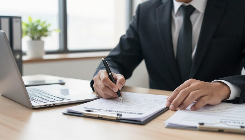 A professional setting where a business person, dressed in formal attire, is filling out an accident report form at a desk. The foreground features the individual intent on completing the paperwork, with a pen in hand and documents scattered on the desk. In the middle ground, a window shows a bright, natural light illuminating the scene, creating a hopeful atmosphere. The background includes a simple office setting with a potted plant and a filing cabinet. The mood is serious yet procedural, reflecting the importance of reporting workplace accidents accurately. The focus is on the act of filling out an official document, symbolizing professionalism and responsibility. A professional setting where a business person, dressed in formal attire, is filling out an accident report form at a desk. The foreground features the individual intent on completing the paperwork, with a pen in hand and documents scattered on the desk. In the middle ground, a window shows a bright, natural light illuminating the scene, creating a hopeful atmosphere. The background includes a simple office setting with a potted plant and a filing cabinet. The mood is serious yet procedural, reflecting the importance of reporting workplace accidents accurately. The focus is on the act of filling out an official document, symbolizing professionalism and responsibility.