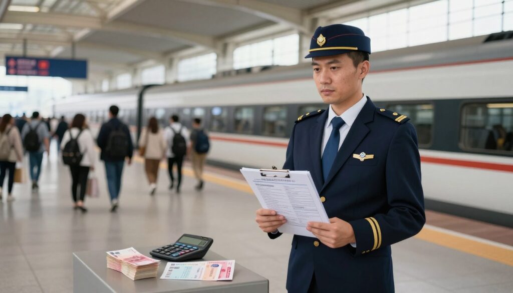 A professional train conductor standing in a well-lit train station, wearing a smart uniform with a cap, holding a clipboard that includes various documentation. In the foreground, objects symbolizing bonuses and allowances, such as a small stack of cash, a calculator, and travel vouchers, are neatly arranged. The middle ground captures the bustling atmosphere of the station with passengers and trains in motion, showcasing the hustle of daily commutes. In the background, large windows let in soft, natural light, enhancing a sense of activity and anticipation. The mood is focused and professional, emphasizing the nuances of a conductor's responsibilities, including weekends and additional duties. The angle is slightly tilted to create dynamism and intrigue, making the image a compelling reflection of the conductor's role and earnings.