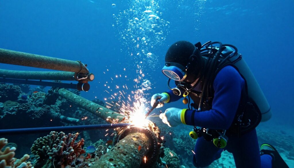 A professional underwater welder at work, positioned in the foreground, wearing a protective diving suit and helmet, equipped with a welding torch creating bright sparks in the deep blue ocean. In the middle ground, a complex underwater structure, showing pipes and beams, is being repaired, illustrating the welding process. Bubbles and light rays filter through the water, adding a sense of depth and tranquility. The background features a marine environment with colorful coral formations and small fish swimming peacefully. The scene is illuminated with a soft, diffused light, creating a calm yet industrious atmosphere, highlighting the skill and precision required for underwater welding. The composition captures the essence of daily life in this challenging profession.