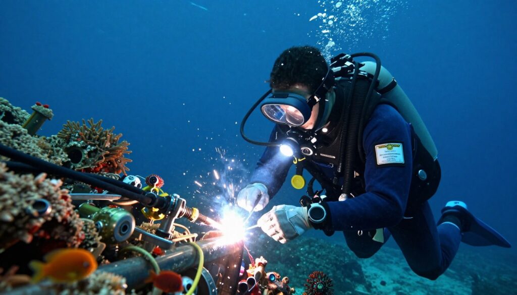 A professional underwater welder in a sleek diving suit, working confidently on a metallic structure deep beneath the ocean's surface. In the foreground, the diver's focused expression is illuminated by a bright, focused beam of light from their helmet, highlighting their certification badge visible on their arm. The middle of the scene features intricate underwater machinery and vibrant marine life, enhancing the dynamic environment of their workplace. The background reveals deep blue water with soft, shimmering light filtering down from the surface, creating a serene yet industrious atmosphere. The composition is captured from a slight angle, showcasing the depth of the underwater setting. The mood conveys both professionalism and the excitement of underwater welding, emphasizing the skills and qualifications necessary for this challenging career.