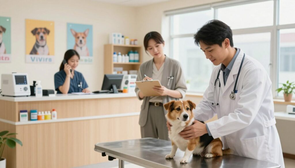 A professional veterinary clinic interior, showcasing a busy yet organized environment. In the foreground, a veterinarian in a white lab coat examines a dog on an examination table, while a veterinary assistant takes notes on a clipboard, dressed in smart casual attire. In the middle ground, a reception area with a friendly receptionist at the desk, answering phones, and colorful pet posters on the walls. The background features various veterinary equipment and supplies neatly arranged on shelves, along with a large window allowing soft, natural light to illuminate the scene. The atmosphere is professional and caring, emphasizing teamwork and dedication in animal care, with warm colors creating an inviting and supportive mood.