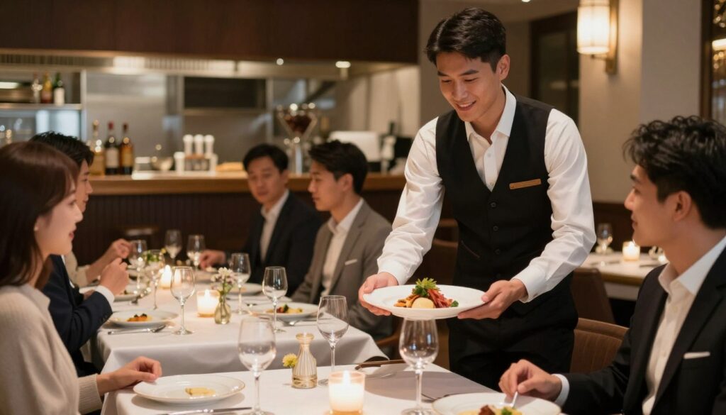 A professional waiter attentively serving guests at a stylish restaurant. In the foreground, the waiter, dressed in a crisp white shirt and black vest, smiles while presenting a beautifully plated dish. The middle ground features elegantly set tables with fine china, glimmering glassware, and soft candlelight that creates a warm, inviting atmosphere. Guests are engaged in conversation, portraying a vibrant dining experience. The background shows an open kitchen and a well-stocked bar, hinting at the culinary expertise and extensive menu knowledge that contribute to enhancing tips and overall earnings. The lighting is soft and atmospheric, with a focus on highlights that accentuate the professionalism and charm of the dining scene, captured from a slight low angle.