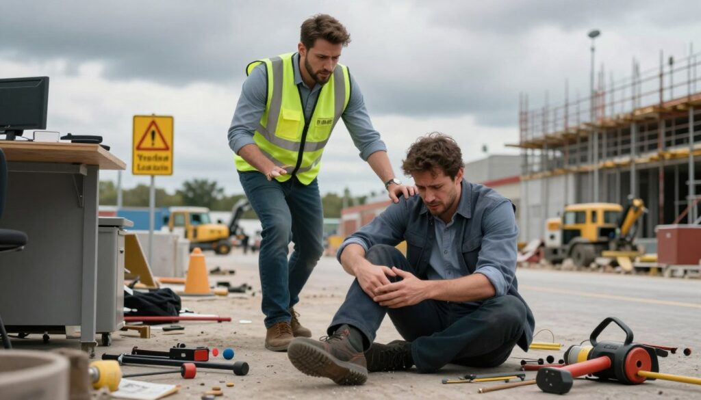 A professional workplace scene illustrating a workplace accident. In the foreground, a visibly injured worker in professional attire sits on the ground, looking distressed, while holding their leg, surrounded by scattered tools and equipment. In the middle ground, a concerned colleague in a safety vest rushes to help, their expression a mix of urgency and care. The background showcases a construction site with safety signs and machinery, under a cloudy sky that casts a gray, overcast lighting, creating a serious and somber atmosphere. The image is captured from a slightly elevated angle, emphasizing the chaos and urgency of the situation while maintaining a clear narrative of safety and professional conduct.