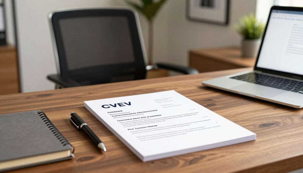 A professional workspace desk scene with a neatly arranged CV, featuring essential contact details like name, phone number, and email address. In the foreground, an elegant wooden desk with a polished surface holds the CV centered among a stylish pen, a notebook, and a laptop partially open, displaying a blank document. In the middle ground, a modern, ergonomic office chair is visible, emphasizing a sense of professionalism. The background showcases a calming, softly lit office environment, with a potted plant and framed artwork on the walls. The lighting is warm and inviting, creating an atmosphere of focus and determination. The composition is balanced, highlighting the importance of clear communication in a CV. The overall mood should convey confidence and professionalism.