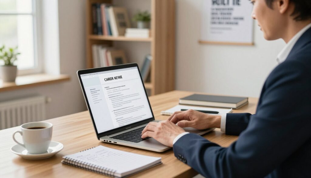A professional workspace featuring a well-organized desk with a laptop open to a CV document. In the foreground, a focused individual in smart business attire, a middle-aged man or woman, is seen typing on the keyboard, deeply engaged in crafting a career summary. The desk is adorned with a notepad filled with handwritten notes and a cup of coffee, adding a personal touch. In the background, a softly-lit modern office with bookshelves filled with career-related books and an inspirational poster on the wall about authenticity and keywords in resumes. The overall mood is inspiring and professional, with soft natural light filtering through a nearby window, creating a warm, inviting ambiance, captured at a slight angle to highlight the workspace's depth.