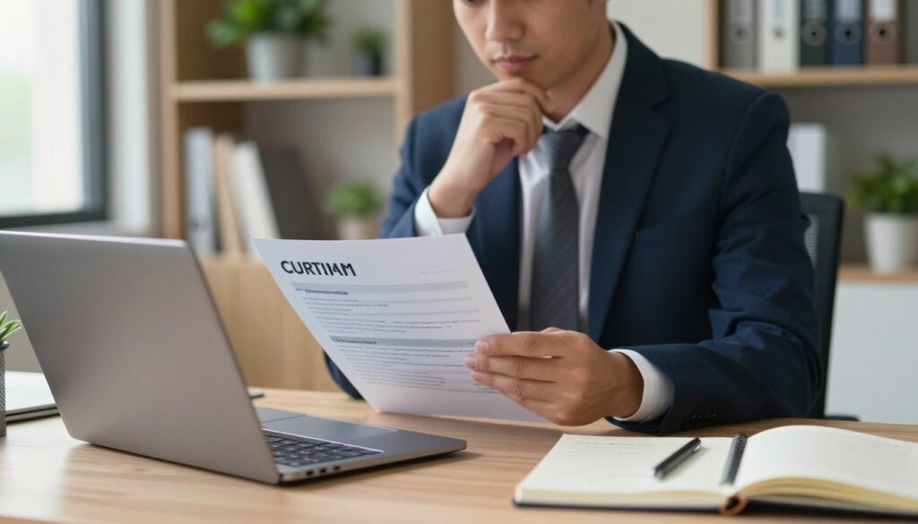 A professional workspace featuring an individual in business attire, thoughtfully reviewing a curriculum vitae or a professional profile. The foreground shows a well-organized desk with a laptop, an open CV document, and a notepad with notes. In the middle, the person is seated, focused on their work, exuding a sense of determination and professionalism. The background showcases a modern office environment, with shelves filled with books and plants to create a vibrant yet sophisticated atmosphere. Soft natural light comes through a window, illuminating the scene, casting gentle shadows. The mood is serious yet inspiring, emphasizing the importance of career goals and professional development.