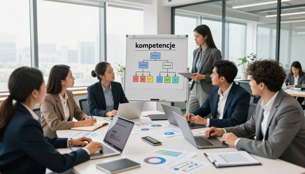 A professional workspace scene showcasing the concept of "kompetencje" for career development. In the foreground, a diverse group of individuals in smart business attire, engaged in collaborative discussions around a large table filled with notepads, laptops, and career development materials. In the middle, a whiteboard displays organizational charts and skill sets, symbolizing hard and soft competencies. In the background, a bright, modern office with large windows allowing natural light to flood the space, creating an inviting and energetic atmosphere. The composition captures a mood of motivation and teamwork, emphasizing the importance of developing skills for the current job market. Use a wide-angle lens to highlight the dynamic environment.