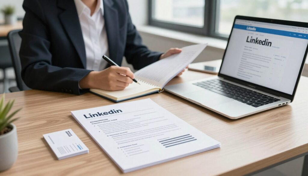 A professional workspace showcasing a well-organized CV and a laptop open to a LinkedIn profile. In the foreground, the CV is neatly arranged, with bullet points highlighting skills and experiences, while a sleek business card lies beside it. In the middle layer, a focused individual, dressed in smart business attire, is reviewing documents and taking notes, embodying an air of determination and professionalism. The background features a modern office setting with a large window letting in soft, natural light, casting gentle shadows that add depth. The overall atmosphere is one of productivity and readiness for change, emphasizing the importance of showcasing qualifications effectively. The image is framed with an engaging angle, drawing the viewer into the professional journey being depicted. A professional workspace showcasing a well-organized CV and a laptop open to a LinkedIn profile. In the foreground, the CV is neatly arranged, with bullet points highlighting skills and experiences, while a sleek business card lies beside it. In the middle layer, a focused individual, dressed in smart business attire, is reviewing documents and taking notes, embodying an air of determination and professionalism. The background features a modern office setting with a large window letting in soft, natural light, casting gentle shadows that add depth. The overall atmosphere is one of productivity and readiness for change, emphasizing the importance of showcasing qualifications effectively. The image is framed with an engaging angle, drawing the viewer into the professional journey being depicted.