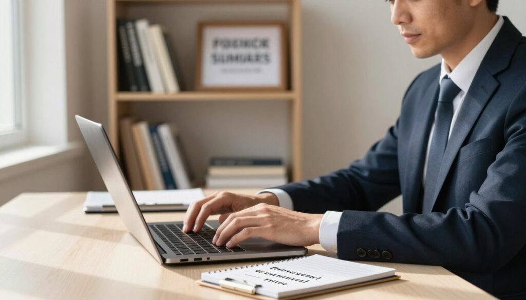 A professional workspace with a clean, modern desk featuring an open laptop and a neatly arranged notepad displaying a brief, impactful summary. In the foreground, a confident individual in formal business attire is typing on the laptop, with a focused expression. The middle background shows a well-organized bookshelf filled with career development books and motivational quotes in a stylish frame. Soft, natural light filters through a nearby window, casting warm shadows that enhance the inviting atmosphere. The overall mood should evoke professionalism and clarity, emphasizing the importance of concise and engaging professional summaries. The image reflects a balanced composition, with a slight depth of field that draws attention to the individual while maintaining a sense of sophistication in the environment.