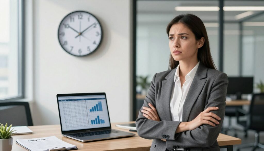 A scene depicting a corporate office environment focused on the theme of work hours and employee rights. In the foreground, a professional woman in business attire stands confidently with arms crossed, looking thoughtfully at a clock on the wall, symbolizing the concern about changing work hours. In the middle ground, an open laptop displays charts and graphs related to work schedules, while a notepad with notes on employee rights sits nearby. The background features a modern office space with large windows allowing natural light to illuminate the scene, casting soft shadows. The overall mood is serious yet hopeful, emphasizing the importance of work-life balance and employee advocacy. Use a slight depth of field to focus on the woman and the laptop while keeping the office setting clear. A scene depicting a corporate office environment focused on the theme of work hours and employee rights. In the foreground, a professional woman in business attire stands confidently with arms crossed, looking thoughtfully at a clock on the wall, symbolizing the concern about changing work hours. In the middle ground, an open laptop displays charts and graphs related to work schedules, while a notepad with notes on employee rights sits nearby. The background features a modern office space with large windows allowing natural light to illuminate the scene, casting soft shadows. The overall mood is serious yet hopeful, emphasizing the importance of work-life balance and employee advocacy. Use a slight depth of field to focus on the woman and the laptop while keeping the office setting clear.
