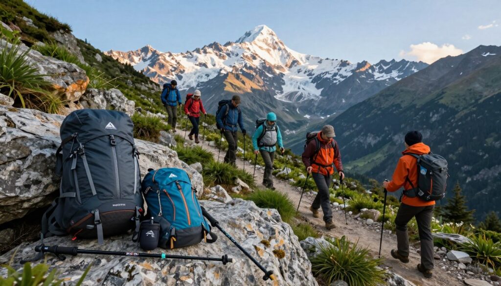A scenic, mountainous landscape featuring a rugged alpine environment. In the foreground, a collection of high-quality outdoor gear from Alpine Pro is displayed, including jackets and hiking poles, on a natural rock surface. The middle ground showcases a diverse group of hikers dressed in professional, durable outdoor clothing, navigating a steep trail amidst lush greenery and rocky terrain. In the background, majestic snow-capped peaks rise under a clear blue sky, with the early morning sun illuminating the landscape, casting soft shadows. The overall mood is adventurous and inspiring, highlighting the quality and reliability of Alpine Pro's outdoor equipment. The scene captures the essence of exploration and nature, ideal for both seasoned and novice outdoor enthusiasts.