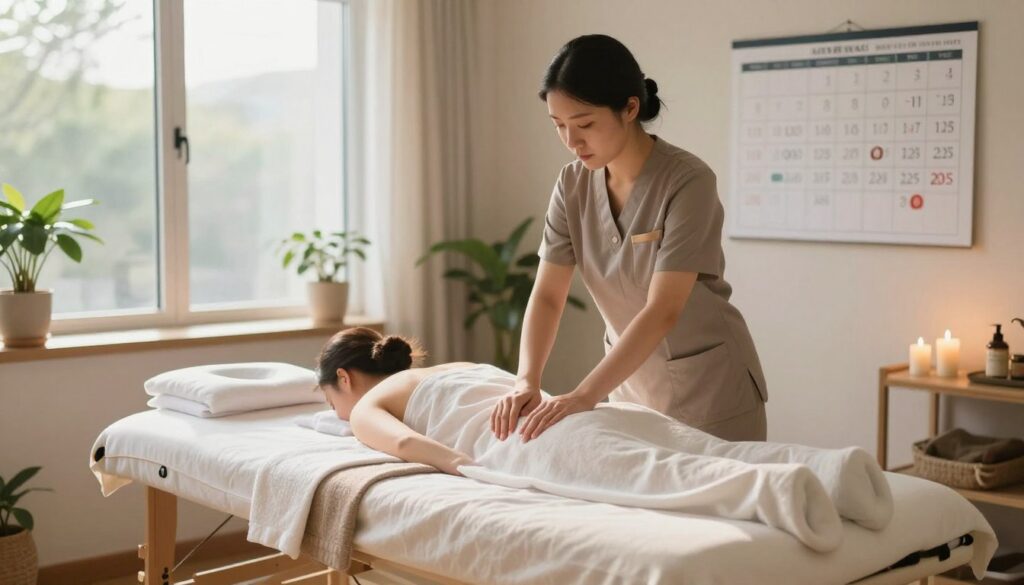 A serene and inviting massage therapy room during peak client season, showcasing a professional massage therapist in modest, professional attire, preparing for an appointment. In the foreground, a massage table is neatly arranged with soft, calming linens, illuminated by warm, natural light streaming through a large window. The middle ground features soothing décor, such as plants and candles, enhancing the relaxing atmosphere. In the background, a large calendar is subtly visible, marked with busy days, symbolizing the seasonality of clientele. The overall mood is tranquil and professional, emphasizing the balance between high demand and client satisfaction. The image should evoke a sense of calm and expertise in the massage therapy profession, set in a clean and organized environment.