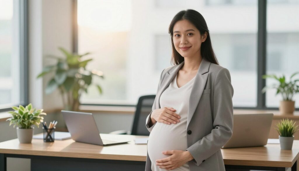 A serene and professional setting depicting a pregnant woman in a business environment. In the foreground, she stands with a gentle smile, dressed in smart, modest business attire, cradling her baby bump while looking confidently at the viewer. In the middle ground, an inviting, well-organized office space surrounds her, with a desk, a laptop, and some plants that add warmth. The background showcases a large window with soft, natural light streaming in, illuminating the scene with a warm, optimistic glow. The atmosphere is one of professionalism and hope, illustrating the balance between motherhood and work. The image should convey a sense of empowerment and tranquility, emphasizing the theme of family alongside career aspirations.