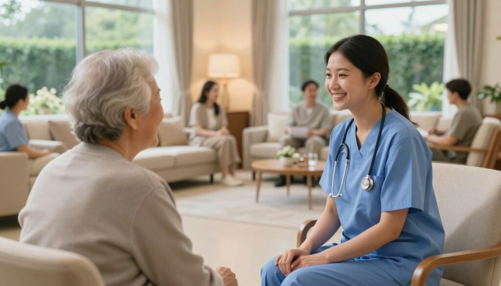 A serene and welcoming scene in a nursing home environment, showcasing the various non-monetary benefits available to medical caregivers. In the foreground, a smiling caregiver, dressed in professional scrubs, is engaged in a friendly conversation with an elderly resident. The middle ground features a cozy lounge area with comfortable seating and soft lighting, conveying a sense of community and warmth. In the background, large windows allow natural light to flood the room, revealing a peaceful garden outside. The atmosphere is uplifting and supportive, emphasizing the rewarding aspects of caregiving. Capture the essence of compassion and professional fulfillment in this scene, using soft and warm lighting to enhance the comforting vibe. A serene and welcoming scene in a nursing home environment, showcasing the various non-monetary benefits available to medical caregivers. In the foreground, a smiling caregiver, dressed in professional scrubs, is engaged in a friendly conversation with an elderly resident. The middle ground features a cozy lounge area with comfortable seating and soft lighting, conveying a sense of community and warmth. In the background, large windows allow natural light to flood the room, revealing a peaceful garden outside. The atmosphere is uplifting and supportive, emphasizing the rewarding aspects of caregiving. Capture the essence of compassion and professional fulfillment in this scene, using soft and warm lighting to enhance the comforting vibe.