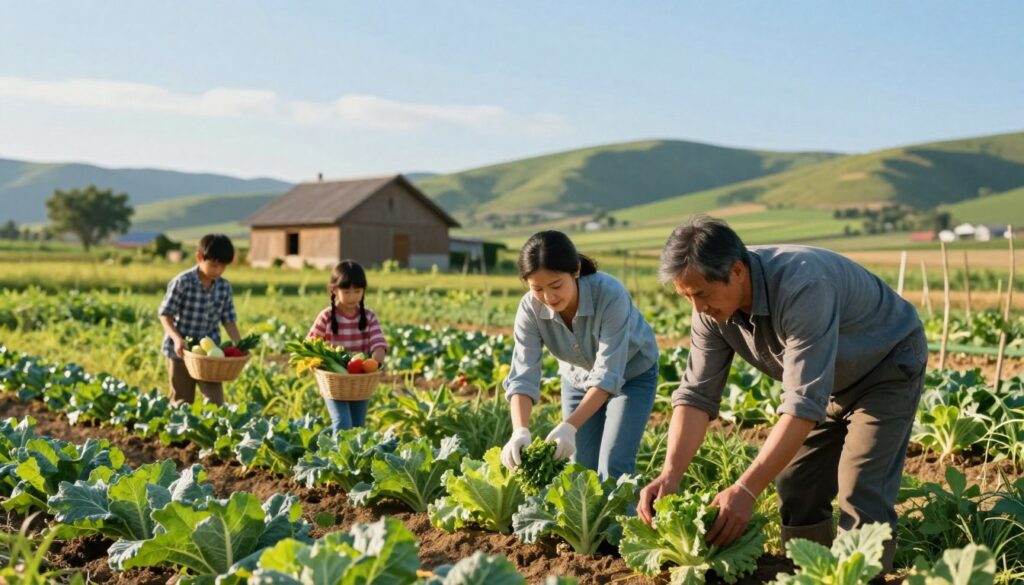 A serene countryside landscape featuring a family working together in a lush, green field. In the foreground, a middle-aged farmer and his spouse are tending to their vegetable garden, dressed in modest casual clothing, showcasing dedication and teamwork. In the middle ground, children assist by carrying small baskets filled with freshly picked produce, symbolizing the intergenerational connection in agricultural work. The background displays a rustic farmhouse and rolling hills under a clear blue sky, bathed in warm, golden sunlight. The atmosphere is peaceful and collaborative, reflecting the essence of familial labor and its subtle impact on one’s professional journey. The composition should highlight the harmony of rural life, emphasizing the importance of agricultural contributions.