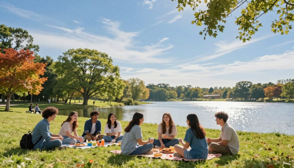 A serene landscape reflecting the essence of summer vacations in late July to September. In the foreground, a group of diverse university students dressed in casual, modest clothing enjoys a picnic on a grassy hill, laughing and sharing food. In the middle ground, colorful trees with lush green leaves hint at the transition to autumn, while a bright blue sky filled with wispy clouds creates a cheerful atmosphere. In the background, a tranquil lake sparkles under the sun, with soft ripples reflecting the sunlight. The overall mood is joyful and relaxed, capturing the spirit of leisure and camaraderie, ideal for illustrating the transitional period of summer breaks in academic life. The lighting is warm and inviting, emphasizing the beauty of this idyllic scene.