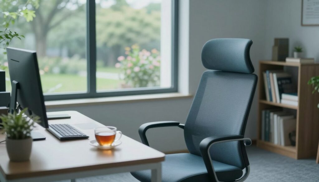 A serene office environment designed for mental well-being, featuring a calm color palette of soft blues and greens. In the foreground, a cozy workspace includes a comfortable ergonomic chair and a desk with minimal clutter, a small potted plant, and a warm cup of tea. The middle ground shows a large window allowing gentle natural light to flood the room, highlighting a peaceful outdoor scene with trees and flowers. In the background, a small bookshelf filled with inspiring books sits next to a soft rug, creating a tranquil atmosphere. The overall mood is serene and supportive, promoting a sense of comfort and focus, ideal for someone managing depression. The lighting is soft and diffuse, creating a warm and inviting space. The image captures a balance of professionalism and comfort, suitable for a modern work environment.