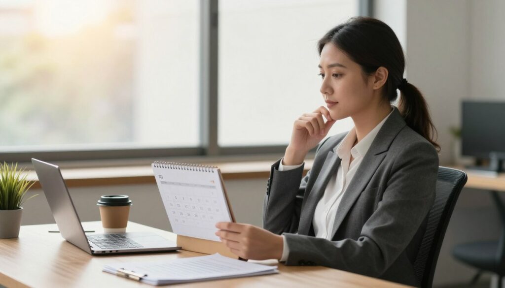 A serene office environment infused with a sense of calm and transition, focusing on a professional woman in business attire sitting comfortably at a desk, planning her upcoming leave during her notice period. In the foreground, she is holding a calendar and a cup of coffee, with a thoughtful expression on her face, symbolizing contemplation on time off. The middle ground features a neatly organized workspace with a laptop and documents, suggesting preparation for her departure. In the background, large windows allow soft, warm natural light to filter in, creating a hopeful and positive atmosphere. The overall mood should convey tranquility and empowerment in navigating job transitions. A serene office environment infused with a sense of calm and transition, focusing on a professional woman in business attire sitting comfortably at a desk, planning her upcoming leave during her notice period. In the foreground, she is holding a calendar and a cup of coffee, with a thoughtful expression on her face, symbolizing contemplation on time off. The middle ground features a neatly organized workspace with a laptop and documents, suggesting preparation for her departure. In the background, large windows allow soft, warm natural light to filter in, creating a hopeful and positive atmosphere. The overall mood should convey tranquility and empowerment in navigating job transitions.
