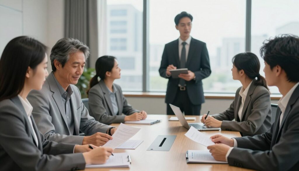 A serene office setting depicting a diverse group of professionally dressed individuals engaged in a discussion about financial matters. In the foreground, a middle-aged man and a young woman are examining documents at a sleek conference table, showcasing their analytical expressions. In the middle ground, a man in a suit lectures a small audience, with interest on their faces. The background shows a large window with soft, natural light illuminating the room, revealing a cityscape outside, symbolizing success and opportunity. The atmosphere is focused yet inviting, suggesting a blend of professionalism and community. Capture this scene in a realistic style, using a warm color palette to enhance the friendly and collaborative mood.