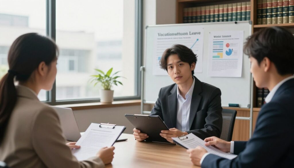 A serene office setting showcasing a professional discussion about work leave and educational qualifications. In the foreground, a diverse group of three individuals is engaged in conversation, dressed in business attire, with folders and documents representing school and work records. In the middle, a large window allows soft, natural light to flood in, illuminating a whiteboard filled with charts about vacation entitlements and work experience from post-secondary school. The background features bookshelves filled with legal textbooks, creating an atmosphere of focused professionalism. Capture the mood of collaboration and clarity, with a warm color palette to invoke a sense of trust and enlightenment. Ensure the composition highlights the interplay of light and shadow for depth.