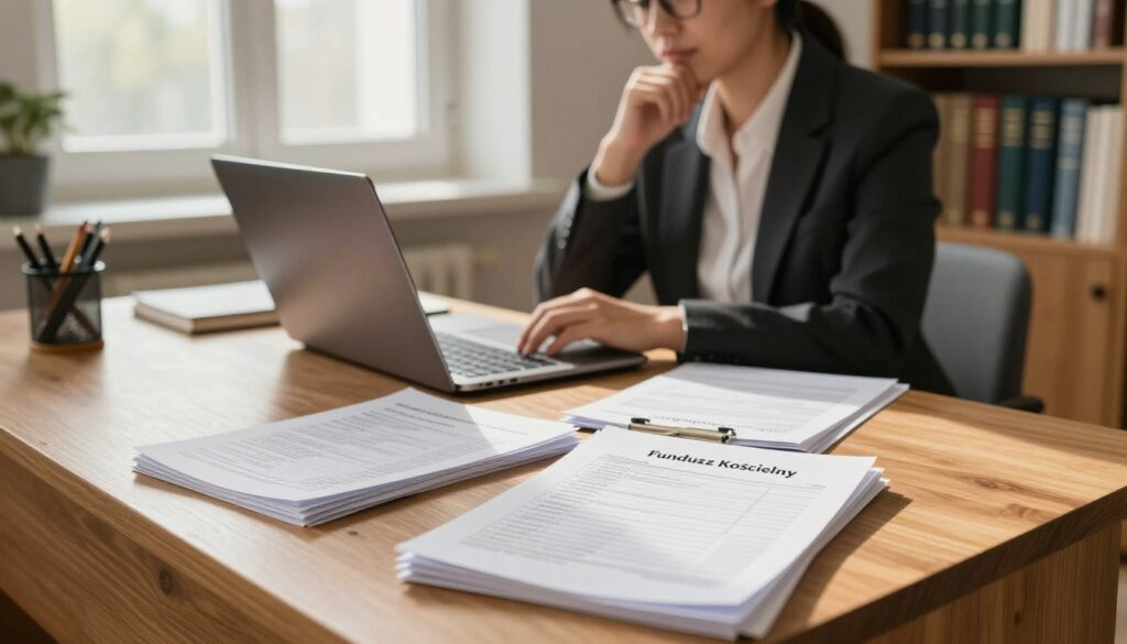 A serene office space dedicated to financial management, featuring a sturdy wooden desk with neatly arranged documents about church finances. In the foreground, a stack of financial reports labeled ‘Fundusz Kościelny’ prominently displayed. In the middle, a thoughtful financial advisor, dressed in professional business attire, analyzing the documents with a laptop open, illuminated by soft, warm lighting. The background showcases a window with natural light filtering in, casting gentle shadows, and a bookshelf filled with legal and financial texts related to the church. The atmosphere is professional yet inviting, conveying a sense of responsibility and duty towards managing church finances and taxes.