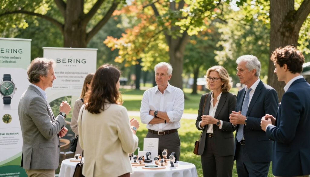A serene outdoor charity event showcasing Bering watches, set in a lush green park with vibrant trees in the background. In the foreground, a diverse group of elegantly dressed individuals in smart casual attire are engaged in discussions, showcasing their Bering watches. A beautifully designed table displays eco-friendly products and informational banners about sustainability initiatives. Soft, natural sunlight filters through the leaves, creating a warm and inviting atmosphere. The scene is captured with a shallow depth of field, emphasizing the individuals while slightly blurring the background. The overall mood is uplifting and community-oriented, reflecting the brand’s commitment to charitable projects and environmental consciousness.