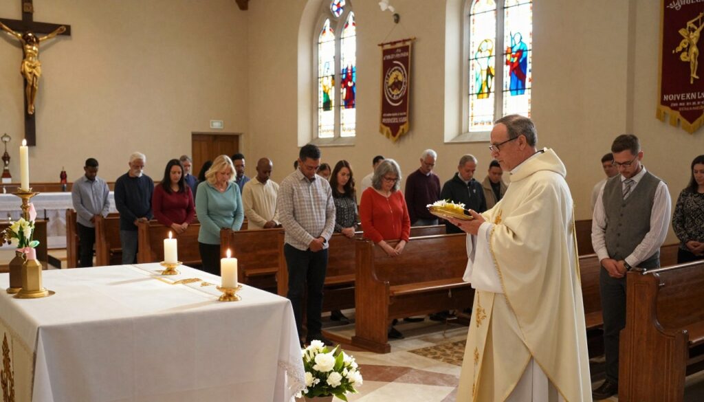 A serene parish interior during a Sunday service, featuring a central altar adorned with candles and flowers. In the foreground, a priest in professional attire stands beside a collection plate, symbolizing income sources. The middle ground showcases parishioners of diverse backgrounds, dressed in modest casual clothing, engaged in prayer and worship, reflecting community unity. Soft, warm lighting enhances the inviting atmosphere, with sunlight filtering through stained glass windows creating colorful patterns on the wooden pews. The background highlights religious symbols, like a large crucifix and decorative church banners, to emphasize the setting's spiritual significance. The overall mood is peaceful and reverent, capturing the essence of parish revenue.
