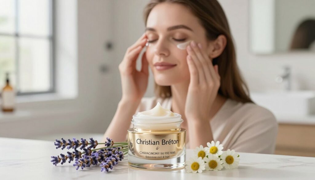 A serene skincare scene focused on eye care, featuring a stylish glass jar of Christian Breton eye cream prominently in the foreground. The cream is surrounded by delicate floral elements such as lavender and chamomile, symbolizing natural ingredients. In the middle ground, a soft-focus image of a woman with radiant skin, dressed in light, modest attire, gently applying the cream around her eyes, showcasing a calm and peaceful expression. The background is softly blurred, featuring a modern, minimalist bathroom with natural light streaming through a window, creating a warm and inviting atmosphere. The overall mood is tranquil and luxurious, emphasizing the gentle and effective care for the delicate skin around the eyes. Use soft lighting to enhance the freshness and elegance of the composition. A serene skincare scene focused on eye care, featuring a stylish glass jar of Christian Breton eye cream prominently in the foreground. The cream is surrounded by delicate floral elements such as lavender and chamomile, symbolizing natural ingredients. In the middle ground, a soft-focus image of a woman with radiant skin, dressed in light, modest attire, gently applying the cream around her eyes, showcasing a calm and peaceful expression. The background is softly blurred, featuring a modern, minimalist bathroom with natural light streaming through a window, creating a warm and inviting atmosphere. The overall mood is tranquil and luxurious, emphasizing the gentle and effective care for the delicate skin around the eyes. Use soft lighting to enhance the freshness and elegance of the composition.