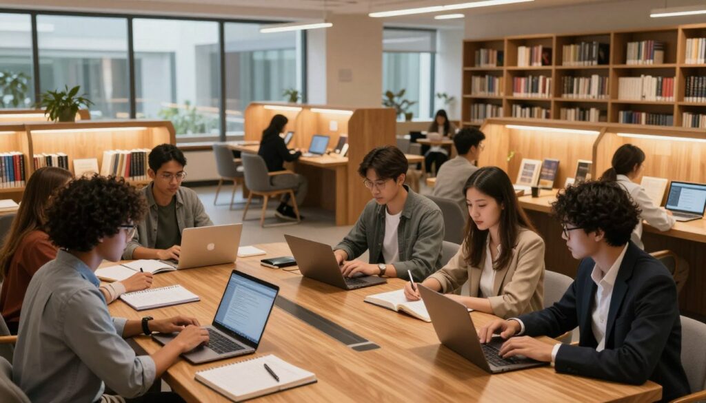 A serene study space featuring a modern library interior with wooden shelves lined with books and comfortable study areas. In the foreground, a diverse group of students, dressed in professional casual attire, collaborate over open laptops, notebooks, and textbooks on a large, polished wooden table. The middle ground showcases additional study zones with individual desks and reading nooks, illuminated by soft, warm lighting from overhead lamps. In the background, large windows allow natural light to filter through, casting a gentle glow over the entire scene. The atmosphere is focused and inviting, encouraging productivity and learning, reflecting the essence of student life and academic tools. A serene study space featuring a modern library interior with wooden shelves lined with books and comfortable study areas. In the foreground, a diverse group of students, dressed in professional casual attire, collaborate over open laptops, notebooks, and textbooks on a large, polished wooden table. The middle ground showcases additional study zones with individual desks and reading nooks, illuminated by soft, warm lighting from overhead lamps. In the background, large windows allow natural light to filter through, casting a gentle glow over the entire scene. The atmosphere is focused and inviting, encouraging productivity and learning, reflecting the essence of student life and academic tools.