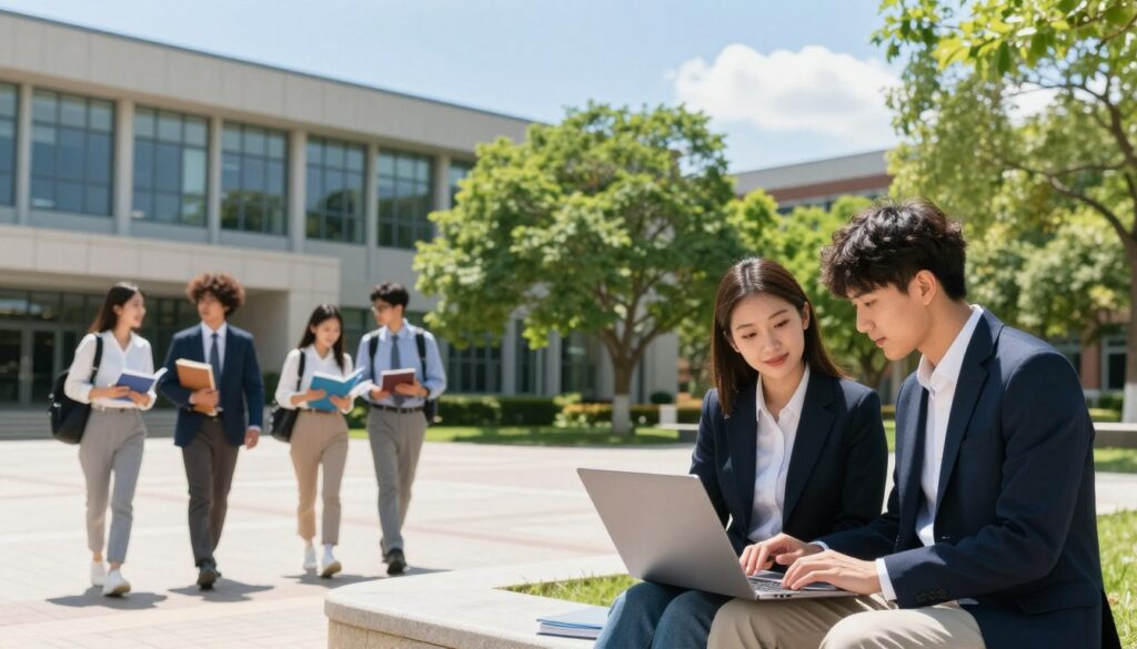 A serene university campus during a sunny day, showcasing a group of diverse, young adults in professional business attire engaged in a discussion. In the foreground, a pair of students are sharing a laptop, looking intently at billing options. The middle ground captures a modern university building with large, inviting windows, while several students walk by, carrying books and notebooks. In the background, lush green trees and a clear blue sky create a vibrant atmosphere. The lighting is bright and cheerful, emphasizing a hopeful mood about higher education. The angle should be slightly elevated, providing a comprehensive view of the scene, highlighting the interaction between students and the academic environment. No text or watermarks in the image.