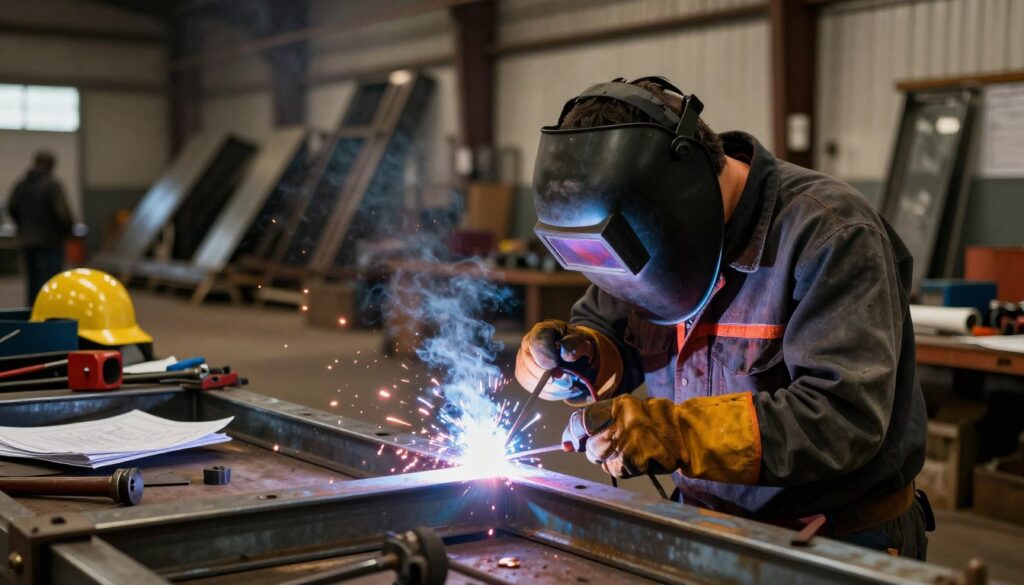A skilled welder working diligently on a metal structure, wearing a professional welding helmet and protective gear. In the foreground, the welder is focused on a vibrant arc of molten metal, showcasing the technique and precision required in the profession. The middle ground features a cluttered workshop filled with various welding tools, blueprints, and safety equipment. The background shows large, partially completed metal projects under warm, industrial lighting that casts a glow over the scene, evoking a sense of craftsmanship. The atmosphere is one of determination and skill, highlighting the dedication required to advance in the welding specialty. The image captures a moment of concentration, with a shallow depth of field to emphasize the welder’s expertise. A skilled welder working diligently on a metal structure, wearing a professional welding helmet and protective gear. In the foreground, the welder is focused on a vibrant arc of molten metal, showcasing the technique and precision required in the profession. The middle ground features a cluttered workshop filled with various welding tools, blueprints, and safety equipment. The background shows large, partially completed metal projects under warm, industrial lighting that casts a glow over the scene, evoking a sense of craftsmanship. The atmosphere is one of determination and skill, highlighting the dedication required to advance in the welding specialty. The image captures a moment of concentration, with a shallow depth of field to emphasize the welder’s expertise.