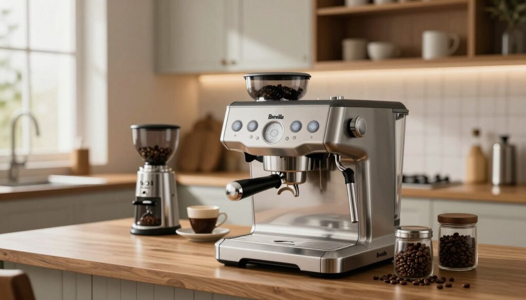 A sleek and modern Breville espresso machine is positioned prominently in the foreground, showcasing its polished stainless steel finish and intricate detailing. The machine is surrounded by various coffee accessories, such as an elegant coffee grinder and a set of artisan coffee beans, emphasizing the quality and craftsmanship of Breville products. In the middle background, a softly lit kitchen setting features stylish cabinetry and warm wooden accents, conveying a welcoming atmosphere. The scene is illuminated by natural light streaming in through a nearby window, creating a cozy and inviting mood. Use a wide-angle lens to capture the depth of the environment, enhancing the feeling of sophistication and innovation associated with the Breville brand. A sleek and modern Breville espresso machine is positioned prominently in the foreground, showcasing its polished stainless steel finish and intricate detailing. The machine is surrounded by various coffee accessories, such as an elegant coffee grinder and a set of artisan coffee beans, emphasizing the quality and craftsmanship of Breville products. In the middle background, a softly lit kitchen setting features stylish cabinetry and warm wooden accents, conveying a welcoming atmosphere. The scene is illuminated by natural light streaming in through a nearby window, creating a cozy and inviting mood. Use a wide-angle lens to capture the depth of the environment, enhancing the feeling of sophistication and innovation associated with the Breville brand.