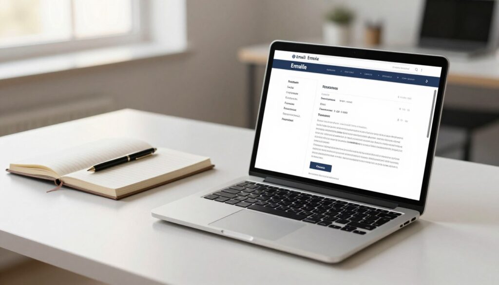 A sleek and modern email template on a clean, minimalist desk setup. In the foreground, there is an open laptop displaying a beautifully designed email draft with sections labeled for the recipient, subject, and body text. The middle ground features a stylish notebook and a neatly organized stack of resumes, conveying a sense of professionalism. In the background, there’s a softly blurred office environment with warm, natural lighting streaming through a window, creating a welcoming atmosphere. The focus is on the email template, showcasing its clarity and readability, emphasizing a career-oriented theme. The overall mood is encouraging and aspirational, perfect for job seekers looking for guidance in their email communications.