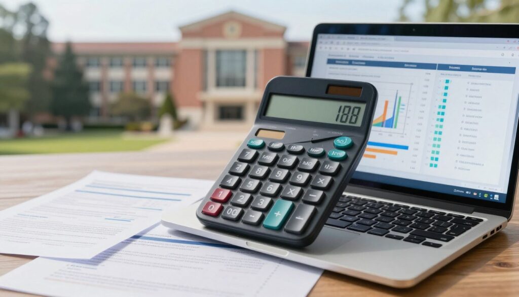A sleek, modern calculator showcasing a digital interface with vibrant graphs and statistics related to university admission scores, prominently displayed on its screen. In the foreground, place an open laptop with educational documents strewn about, highlighting the theme of academic evaluation. The middle layer should include a subtle, blurred background of a university campus, hinting at the goal of students in pursuing higher education. The lighting is bright and inviting, suggesting a sense of optimism and potential for success. Use a wide-angle perspective to encompass all elements, creating a feeling of depth. The overall mood is professional and encouraging, reflecting a serious yet hopeful atmosphere focused on academic achievement. A sleek, modern calculator showcasing a digital interface with vibrant graphs and statistics related to university admission scores, prominently displayed on its screen. In the foreground, place an open laptop with educational documents strewn about, highlighting the theme of academic evaluation. The middle layer should include a subtle, blurred background of a university campus, hinting at the goal of students in pursuing higher education. The lighting is bright and inviting, suggesting a sense of optimism and potential for success. Use a wide-angle perspective to encompass all elements, creating a feeling of depth. The overall mood is professional and encouraging, reflecting a serious yet hopeful atmosphere focused on academic achievement.