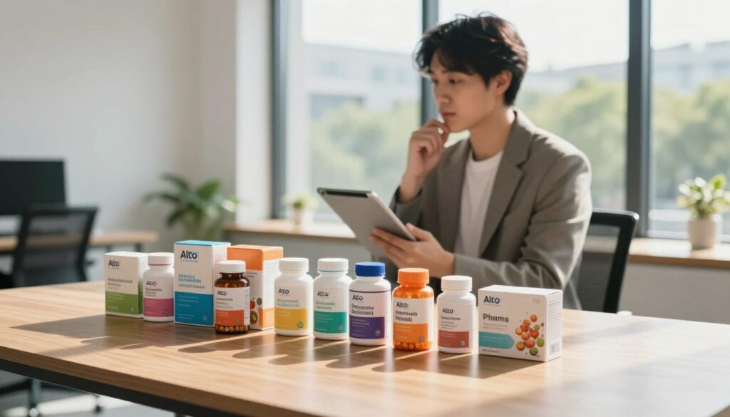 A sleek, modern office space showcasing Alto Pharma dietary supplements prominently displayed on a polished wooden table. In the foreground, various colorful supplement bottles and boxes are neatly arranged, each labeled with clear branding. In the middle, a professional businessperson in smart casual attire, holding a tablet, examines the products with a thoughtful expression. The background features a large window revealing a bright, sunny day outside, with a blurred view of a green urban environment, enhancing the overall freshness and vitality of the scene. Soft, natural lighting illuminates the space, casting gentle shadows, creating an inviting and credible atmosphere for discussing dietary supplements.