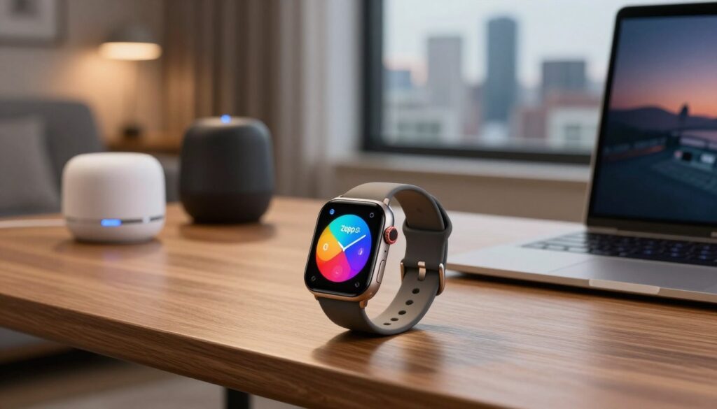 A sleek modern smartwatch featuring an advanced display showcasing Zepp OS, with vibrant colors illuminating the screen. In the foreground, the smartwatch sits on a stylish wooden desk adorned with smart home devices and a laptop, emphasizing a tech-savvy environment. The middle ground includes subtle hints of a cozy living space, with soft ambient lighting creating a relaxed atmosphere. In the background, a blurred city skyline can be seen through a large window, suggesting a bustling urban lifestyle. The scene is captured with a slightly tilted angle to convey dynamism, using warm lighting to enhance the inviting mood. The focus is sharp on the smartwatch, while the background remains soft, emphasizing the product’s innovative technology and daily convenience. A sleek modern smartwatch featuring an advanced display showcasing Zepp OS, with vibrant colors illuminating the screen. In the foreground, the smartwatch sits on a stylish wooden desk adorned with smart home devices and a laptop, emphasizing a tech-savvy environment. The middle ground includes subtle hints of a cozy living space, with soft ambient lighting creating a relaxed atmosphere. In the background, a blurred city skyline can be seen through a large window, suggesting a bustling urban lifestyle. The scene is captured with a slightly tilted angle to convey dynamism, using warm lighting to enhance the inviting mood. The focus is sharp on the smartwatch, while the background remains soft, emphasizing the product’s innovative technology and daily convenience.