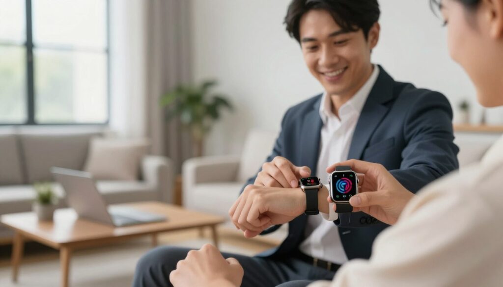 A sleek, modern smartwatch prominently displayed in the foreground, showcasing a vibrant health monitoring interface, with features like heart rate, sleep tracking, and exercise statistics visible on the screen. In the middle ground, a well-groomed individual in professional attire interacts with the smartwatch, highlighting its user-friendly functionality. The background features a soft-focus, contemporary living space illuminated by natural light filtering through large windows, creating a healthy and optimistic atmosphere. The scene is captured from a slightly elevated angle, emphasizing the smartwatch while providing a sense of depth to the environment. The mood is motivational and empowering, centered around health and technology. A sleek, modern smartwatch prominently displayed in the foreground, showcasing a vibrant health monitoring interface, with features like heart rate, sleep tracking, and exercise statistics visible on the screen. In the middle ground, a well-groomed individual in professional attire interacts with the smartwatch, highlighting its user-friendly functionality. The background features a soft-focus, contemporary living space illuminated by natural light filtering through large windows, creating a healthy and optimistic atmosphere. The scene is captured from a slightly elevated angle, emphasizing the smartwatch while providing a sense of depth to the environment. The mood is motivational and empowering, centered around health and technology.