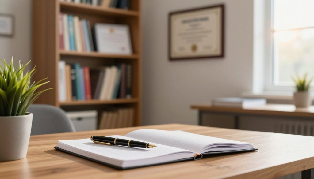 A softly lit study room that conveys an atmosphere of professionalism and education. In the foreground, a neatly arranged wooden desk holds a pristine notebook and a stylish fountain pen poised over neatly written notes. A potted plant adds a touch of greenery. In the middle ground, a well-organized bookshelf filled with colorful books and certificates reflects a commitment to learning. A framed diploma hangs prominently on the wall, representing achievement. In the background, a gentle sunlight streams through a window, casting a warm glow across the room. The entire scene conveys focus, inspiration, and respect for education, emphasizing the importance of qualifications in a professional context. A softly lit study room that conveys an atmosphere of professionalism and education. In the foreground, a neatly arranged wooden desk holds a pristine notebook and a stylish fountain pen poised over neatly written notes. A potted plant adds a touch of greenery. In the middle ground, a well-organized bookshelf filled with colorful books and certificates reflects a commitment to learning. A framed diploma hangs prominently on the wall, representing achievement. In the background, a gentle sunlight streams through a window, casting a warm glow across the room. The entire scene conveys focus, inspiration, and respect for education, emphasizing the importance of qualifications in a professional context.