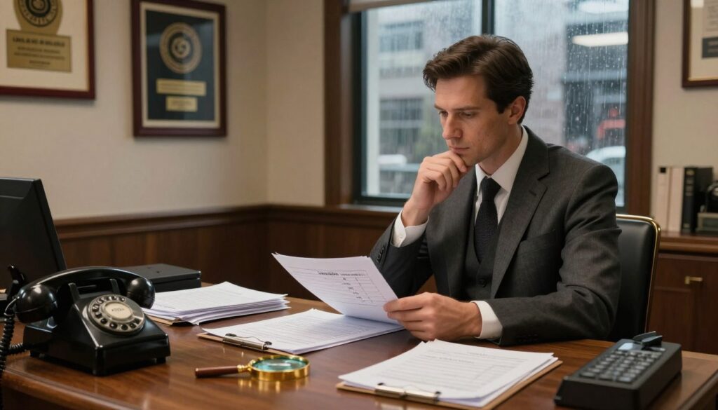 A sophisticated detective's office, showcasing an elegant wooden desk cluttered with client files, a vintage rotary phone, and a magnifying glass, all bathed in warm, ambient lighting. In the foreground, a well-dressed detective, wearing a tailored suit and holding a notepad, gazes thoughtfully at a display of rate charts and hourly rates spread on the table. The background features a wall adorned with framed investigative awards and a large window revealing a rainy cityscape, hinting at the urban environment. The scene should evoke a mood of professionalism and intrigue, capturing the essence of detective work and the costs associated with it. Use a soft focus lens effect to enhance depth while keeping the main elements sharp and clear. A sophisticated detective's office, showcasing an elegant wooden desk cluttered with client files, a vintage rotary phone, and a magnifying glass, all bathed in warm, ambient lighting. In the foreground, a well-dressed detective, wearing a tailored suit and holding a notepad, gazes thoughtfully at a display of rate charts and hourly rates spread on the table. The background features a wall adorned with framed investigative awards and a large window revealing a rainy cityscape, hinting at the urban environment. The scene should evoke a mood of professionalism and intrigue, capturing the essence of detective work and the costs associated with it. Use a soft focus lens effect to enhance depth while keeping the main elements sharp and clear.