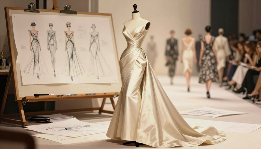A sophisticated fashion illustration capturing the essence of Cristóbal Balenciaga's legacy. In the foreground, a meticulously tailored vintage Balenciaga gown showcases his iconic silhouette, made of luxurious fabric, elegantly draping on a mannequin. The middle ground features a designer's workshop with sketches of Balenciaga's famous designs, showcasing the evolution of his style. In the background, a softly lit fashion runway hints at modern Balenciaga collections, with subtle designs reflecting contemporary trends. The lighting is warm and inviting, casting soft shadows that emphasize the textures of the fabrics. The mood should convey elegance and innovation, honoring Balenciaga's influence on luxury fashion through time.