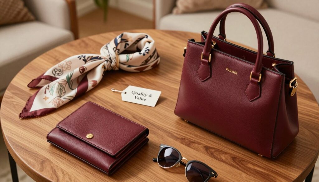 A sophisticated flat lay of various Bulaggi handbags and accessories neatly arranged on a wooden table. The foreground features an elegant Bulaggi handbag in rich burgundy, alongside a stylish wallet, sunglasses, and a delicate scarf. In the middle, an aesthetically pleasing price tag reads “Quality & Value” subtly placed next to the products. The background includes hints of a luxury environment, such as soft-focus, warm lighting that creates an inviting atmosphere and plush textures suggesting premium quality. Capture this scene from a slight overhead angle, emphasizing the elegance and stylishness of Bulaggi items while ensuring a professional and polished presentation. The overall mood is refined and appealing, showcasing the connection between quality and price. A sophisticated flat lay of various Bulaggi handbags and accessories neatly arranged on a wooden table. The foreground features an elegant Bulaggi handbag in rich burgundy, alongside a stylish wallet, sunglasses, and a delicate scarf. In the middle, an aesthetically pleasing price tag reads “Quality & Value” subtly placed next to the products. The background includes hints of a luxury environment, such as soft-focus, warm lighting that creates an inviting atmosphere and plush textures suggesting premium quality. Capture this scene from a slight overhead angle, emphasizing the elegance and stylishness of Bulaggi items while ensuring a professional and polished presentation. The overall mood is refined and appealing, showcasing the connection between quality and price.